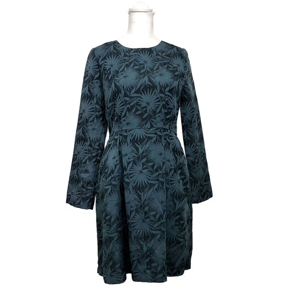 Delfina Balda Dress Floral Darted Zip Up Midi Long Sleeve Forest Green Size S - Picture 1 of 13